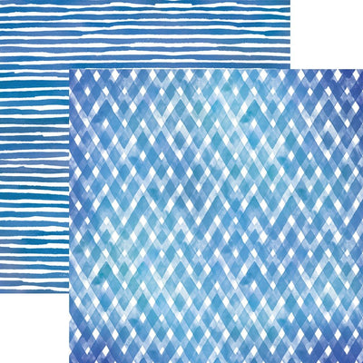 scrapbook paper image features a blue plaid pattern on front side and a blue stripe pattern on back side.