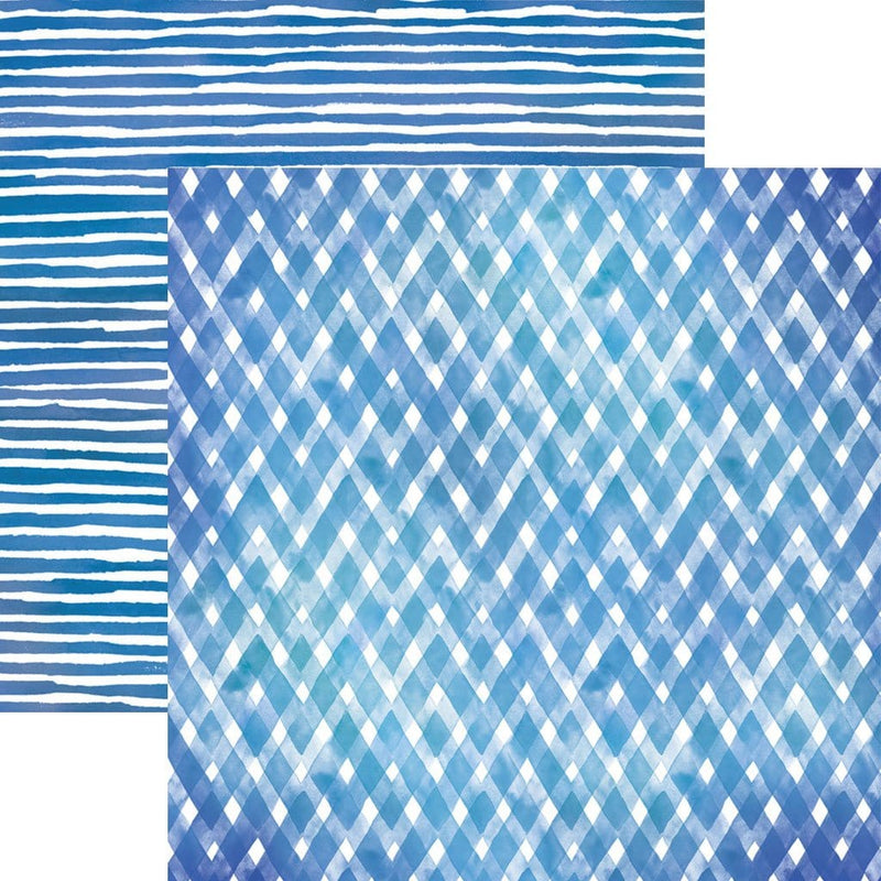 scrapbook paper image features a blue plaid pattern on front side and a blue stripe pattern on back side.