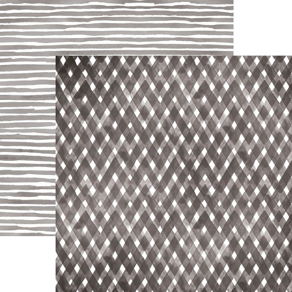 scrapbook paper image features a black plaid pattern on front side and a black stripe pattern on back side.