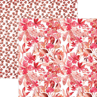 scrapbook paper image features large red florals on front side and small red florals on back side.