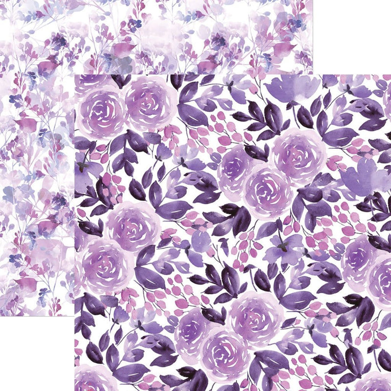 scrapbook paper image features large purple florals on front side and small purple florals on back side.