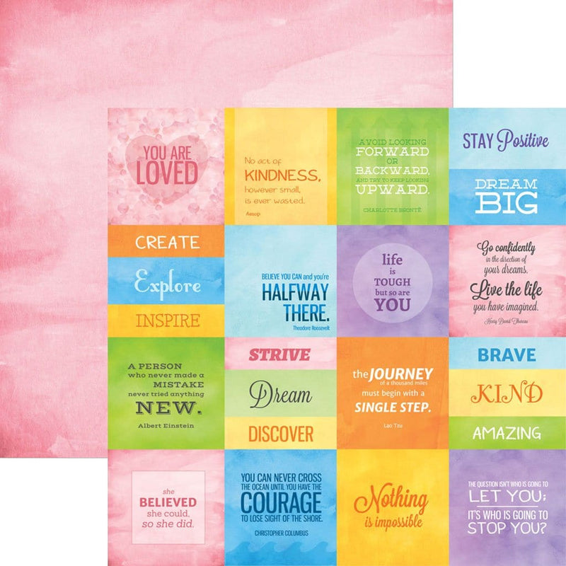 scrapbook paper image features colorful inspiration tags on front side and solid pink wash on back side.