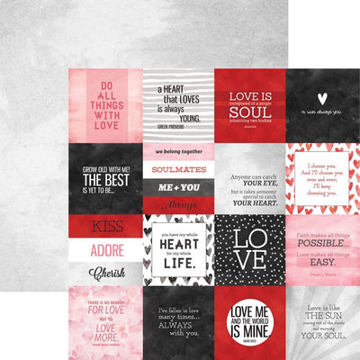 scrapbook paper image features red and black love tags on front side and solid gray wash on back side.