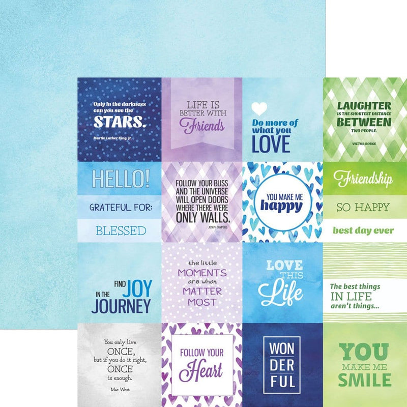 scrapbook paper image features blue, green and purple  inspiration tags on front side and solid blue wash on back side.