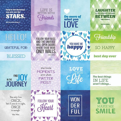 scrapbook paper image features blue, green and purple  inspiration tags.