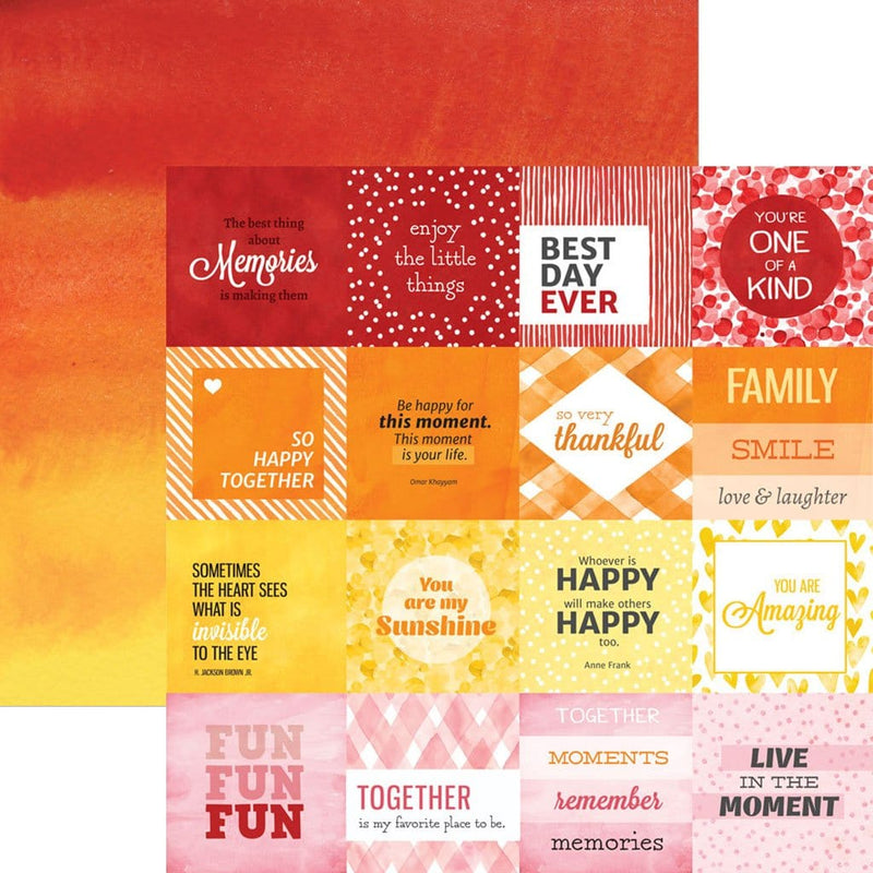 scrapbook paper image features red, orange and yellow  sentiment tags on front side and a colorful watercolor wash on back side.
