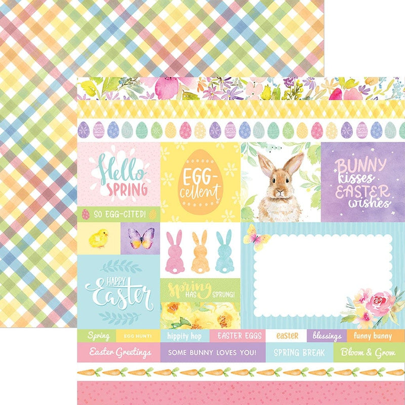 This scrapbook paper features pastel spring and easter illustrations and sentiments on one side, overlapping a pastel plaid pattern.