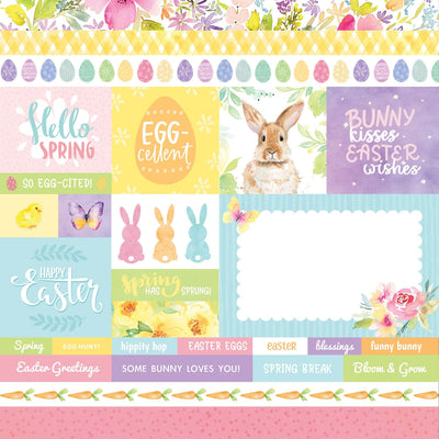 This scrapbook paper features pastel spring and easter illustrations and sentiments.