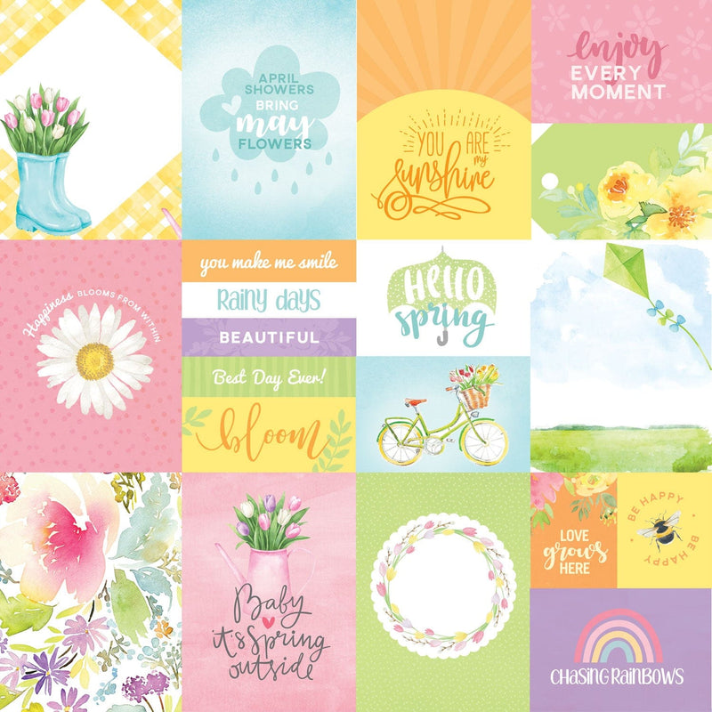 This scrapbook paper features pastel spring illustrations and sentiments.