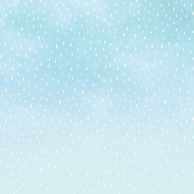 This scrapbook paper features a soft blue background with a white rain drop pattern.