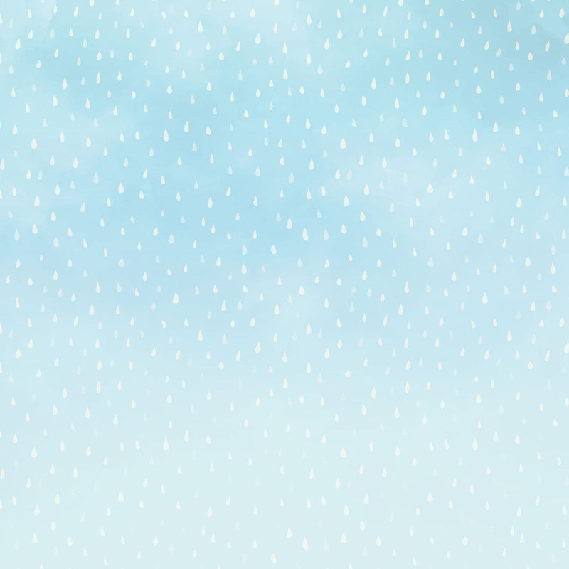 This scrapbook paper features a soft blue background with a white rain drop pattern.
