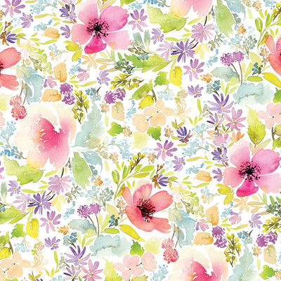 This scrapbook paper features pink, purple and green watercolor florals.