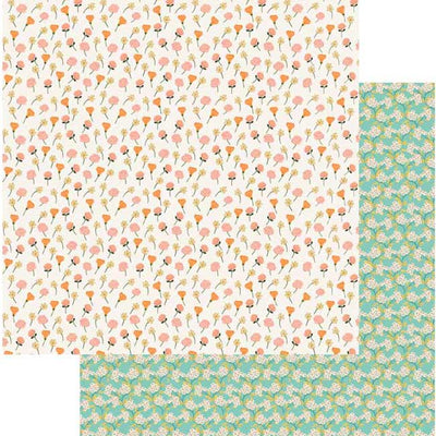 scrapbook  paper featuring a pink and orange illustrated floral pattern shown overlapping a green and mint floral pattern.