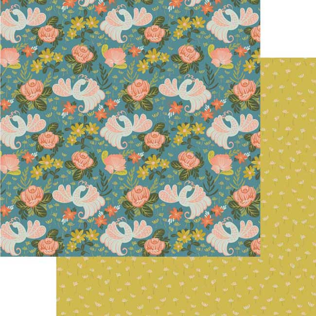 scrapbook paper featuring teal, peach and yellow illustrated floral and bird pattern overlapping a yellow floral pattern.