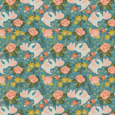 scrapbook paper featuring a teal, peach and yellow illustrated floral and bird pattern.