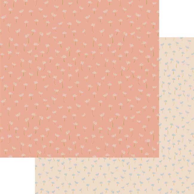 scrapbook paper featuring dainty illustrated peach florals overlapping peach and light blue florals.
