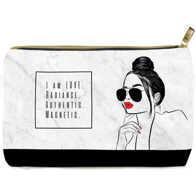 Black and white pencil pouch with gold zipper featuring an illustration of a woman with red lips and words of inspiration.