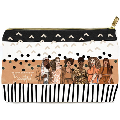 Black, white and tan pencil pouch with gold zipper featuring graphic patterns and an illustration of six diverse women with inspirational words.