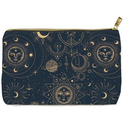 Navy pencil pouch with gold zipper featuring gold celestial illustrations.