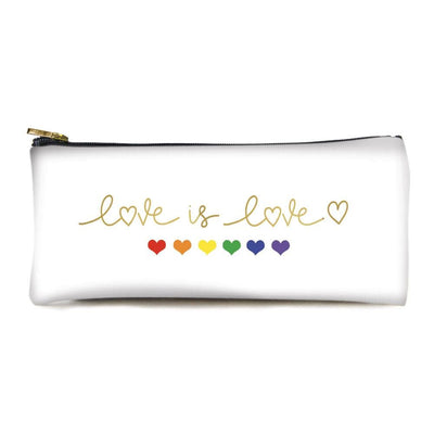 White pencil pouch with gold zipper featuring six hearts in rainbow colors with the words Love is Love in gold script.