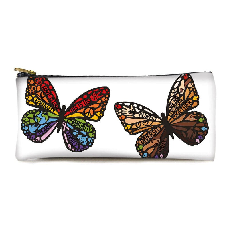 White pencil pouch with gold zipper featuring two colorful, illustrated rainbows with words of inspiration and inclusion.