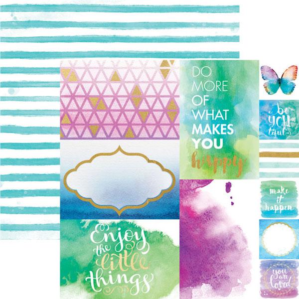 scrapbook pape featuring colorful graphic and watercolor tags shown overlapping a teal-striped reverse side, shown on white background.