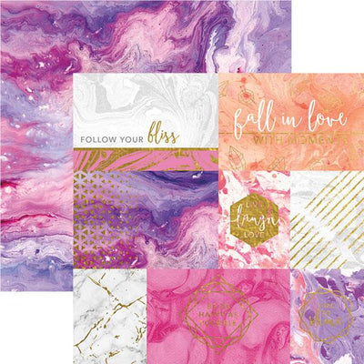 scrapbook paper featuring pink, purple and orange marble patterned tags with gold foil details, shown overlapping a purple marble patterned paper.