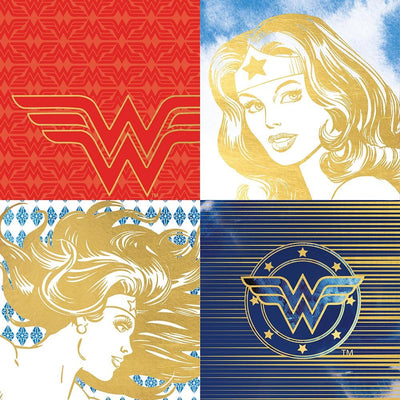 scrapbook paper featuring wonder woman portraits and logos with gold details.