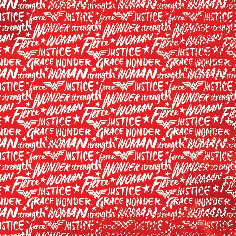 scrapbook paper featuring wonder woman logos and words in white on red background.