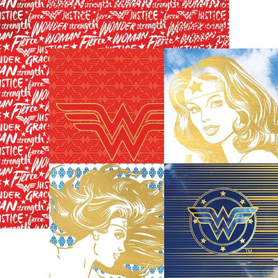 scrapbook paper featuring wonder woman portraits and logos with gold details, shown overlapping the reverse side of a red and white pattern with words, shown on white background.