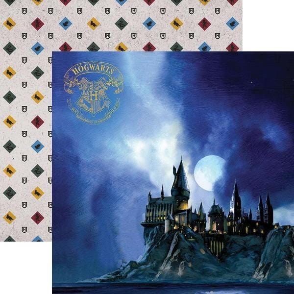 Harry Potter scrapbook paper featuring Hogwarts at night on one side and a colorful pattern on the reverse, shown on white background.