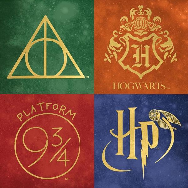 Harry Potter scrapbook paper featuring icons with gold details.