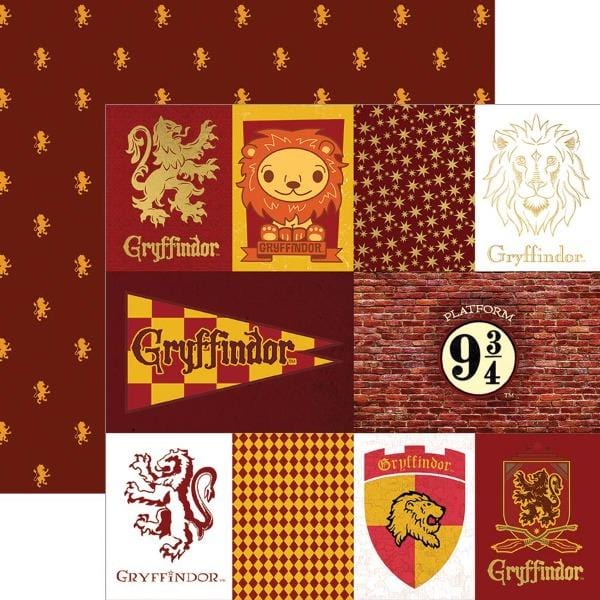 Harry Potter scrapbook paper set featuring a Gryffindor tag paper shown overlapping a red patterned paper. 