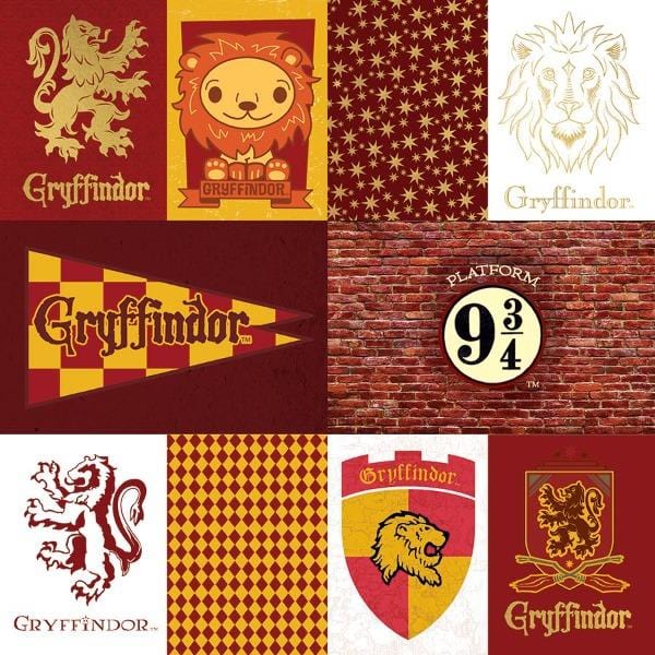 Harry Potter  scrapbook paper featuring Gryffindor tags.