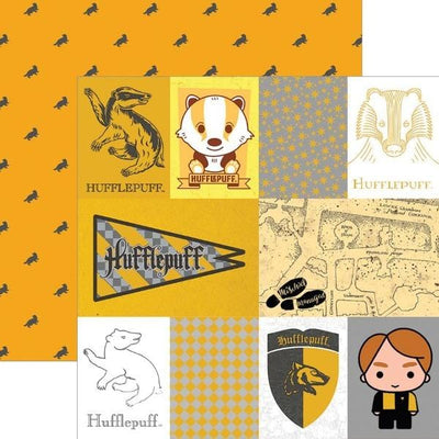 Harry Potter scrapbook paper set featuring a Hufflepuff tag paper shown overlapping a yellow pattern. 
