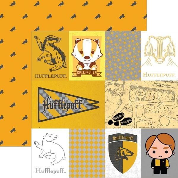 Harry Potter scrapbook paper featuring  Hufflepuff tags with foil details.