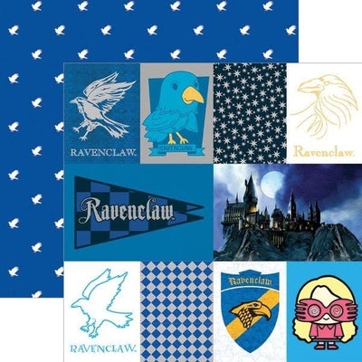 Harry Potter scrapbook paper set featuring a Ravenclaw tag paper shown overlapping a blue pattern.
