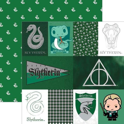 Harry Potter scrapbook paper set featuring a Slytherin tag paper shown overlapping a green pattern.