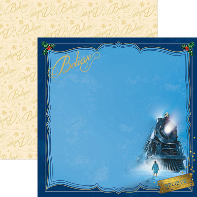 scrapbook paper featuring The Polar Express on a blue background bordered with gold details, shown overlapping a "Believe" pattern in beige, shown on white background.