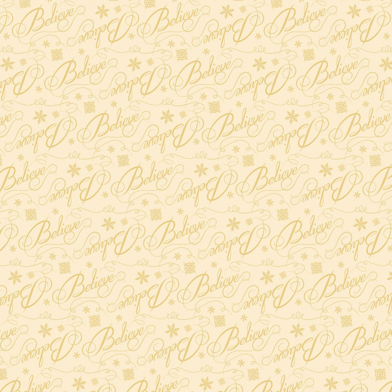 scrapbook paper featuring The Polar Express "Believe" pattern in beige.