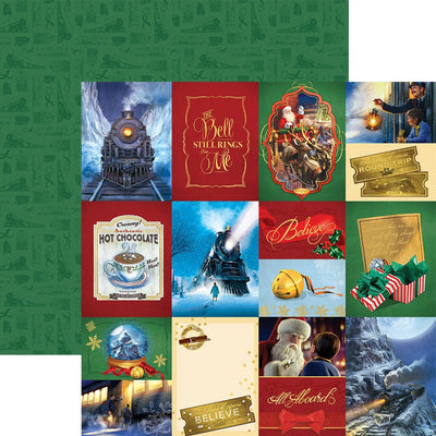 scrapbook paper featuring colorful tags of scenes from The Polar Express, shown overlapping a pattern in green, shown on a white background.