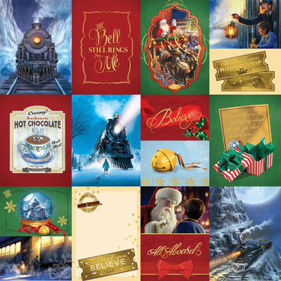 scrapbook paper featuring colorful tags of scenes from The Polar Express.