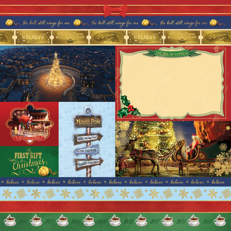 scrapbook paper featuring tags and borders of scenes from The Polar Express.