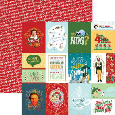scrapbook paper featuring scenes from the movie Elf, shown overlapping a red and white pattern of words.