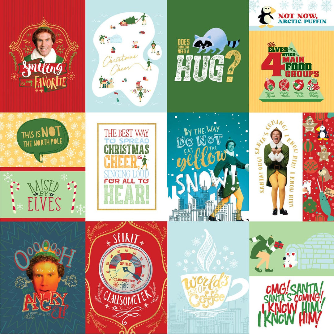 scrapbook paper featuring tags of scenes from the movie Elf.