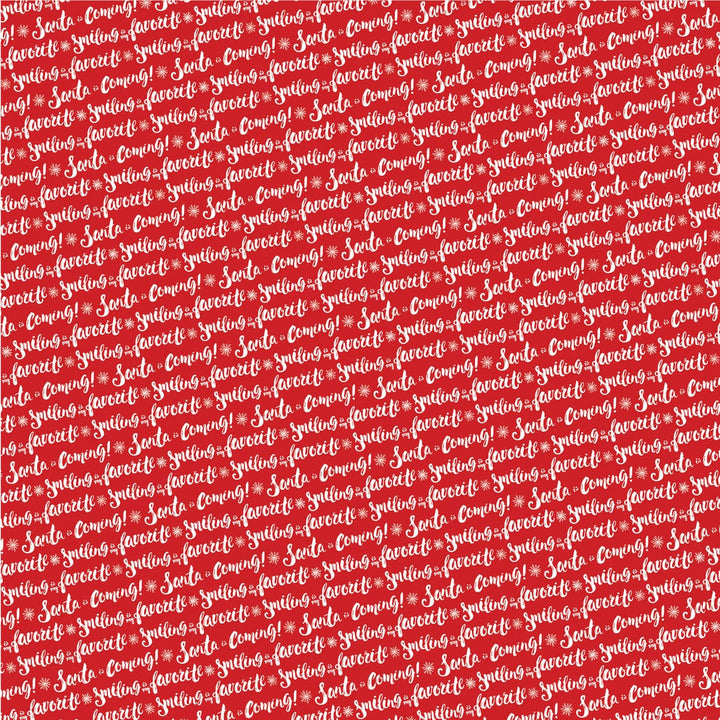 scrapbook paper featuring a pattern of white script words on a red background.