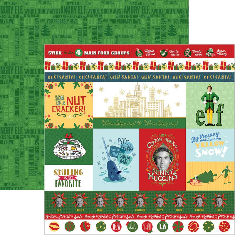 scrapbook paper featuring tags and borders of scenes from Elf, shown overlapping a pattern of green words.
