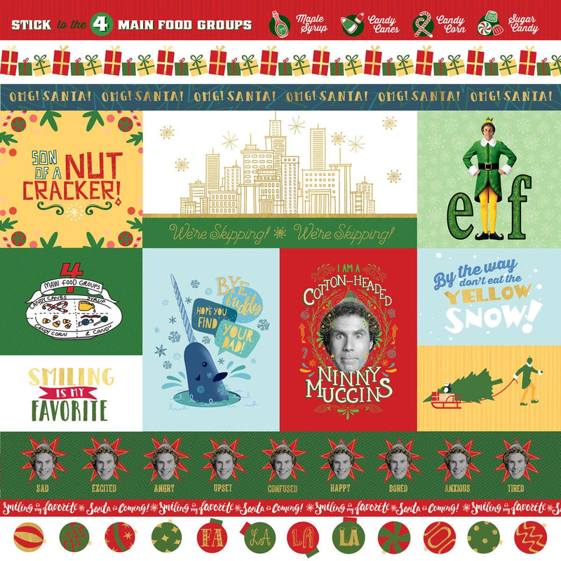 scrapbook paper featuring tags and borders of scenes from the movie, Elf.