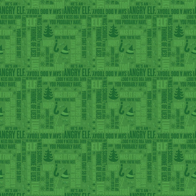 scrapbook paper featuring a pattern of green words and symbols from the movie Elf.