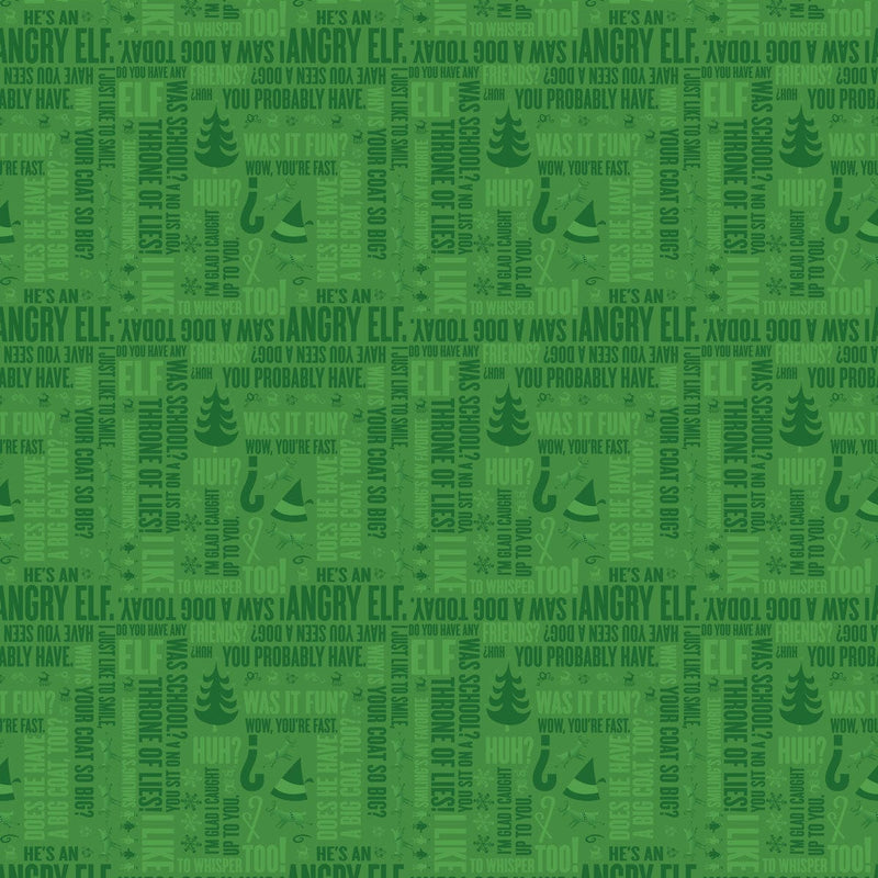 scrapbook paper featuring a pattern of green words and symbols from the movie Elf.